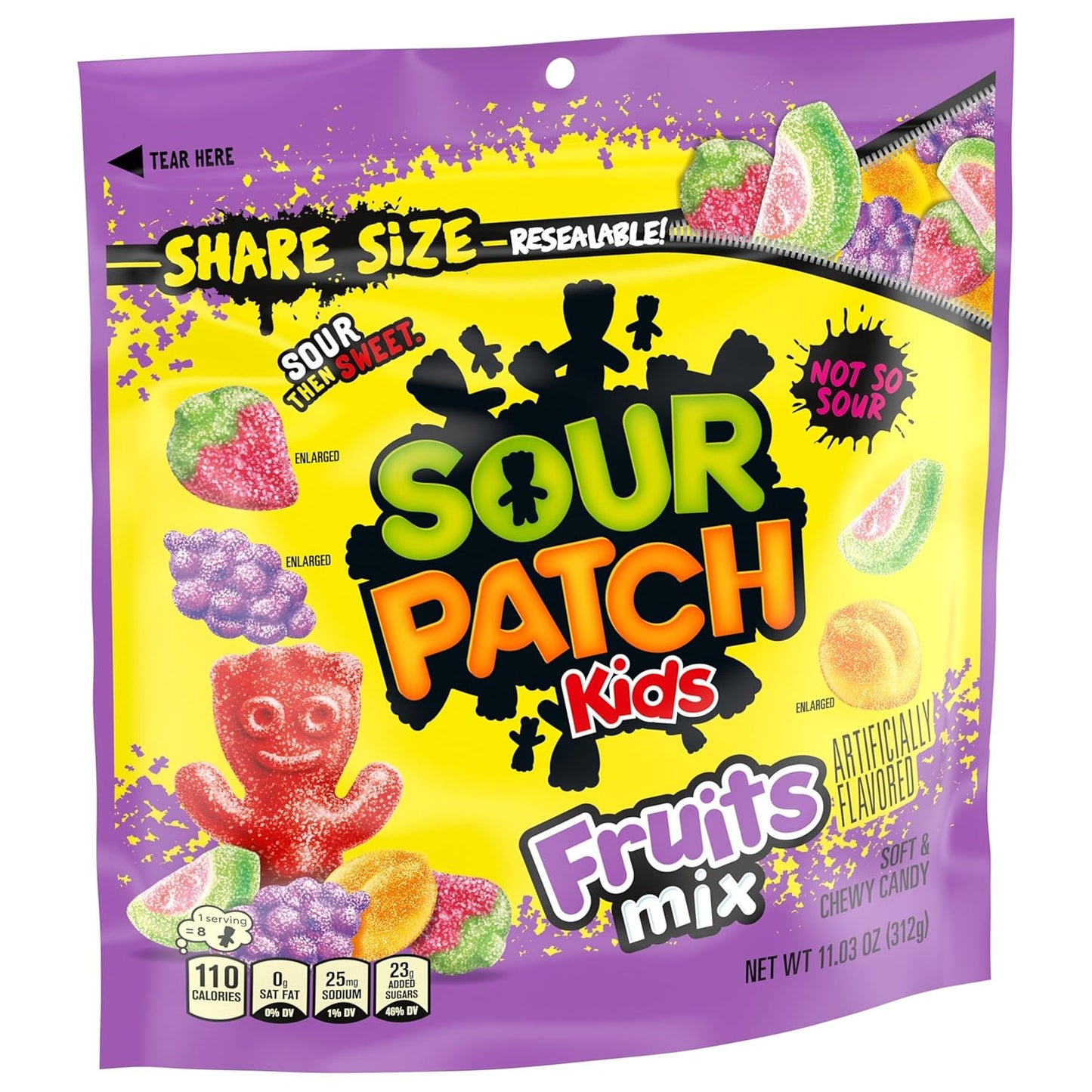 SOUR PATCH KIDS Fruits Mix Chewy Candy for Road Trips and Camping Snacks, Resealable Share Size 11.03 oz