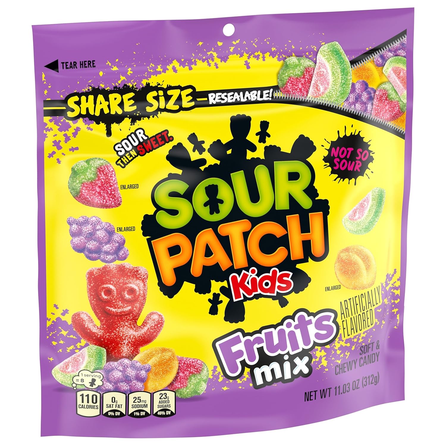 SOUR PATCH KIDS Fruits Mix Chewy Candy for Road Trips and Camping Snacks, Resealable Share Size 11.03 oz