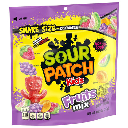SOUR PATCH KIDS Fruits Mix Chewy Candy for Road Trips and Camping Snacks, Resealable Share Size 11.03 oz