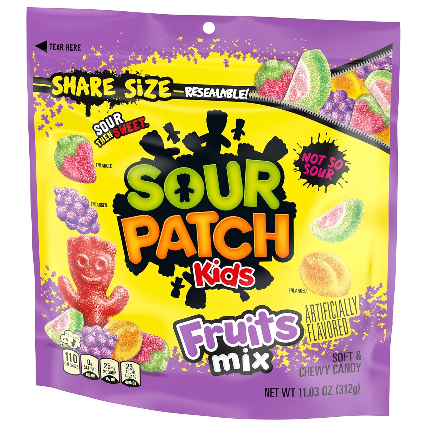 SOUR PATCH KIDS Fruits Mix Chewy Candy for Road Trips and Camping Snacks, Resealable Share Size 11.03 oz