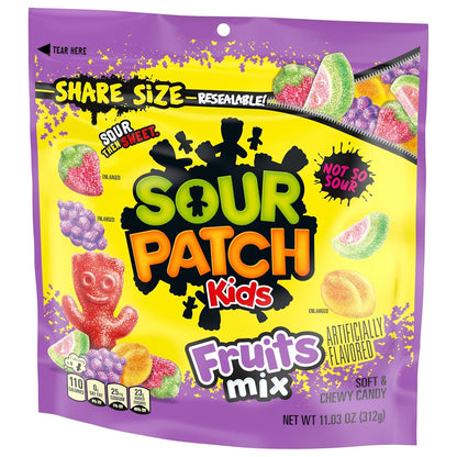 SOUR PATCH KIDS Fruits Mix Chewy Candy for Road Trips and Camping Snacks, Resealable Share Size 11.03 oz