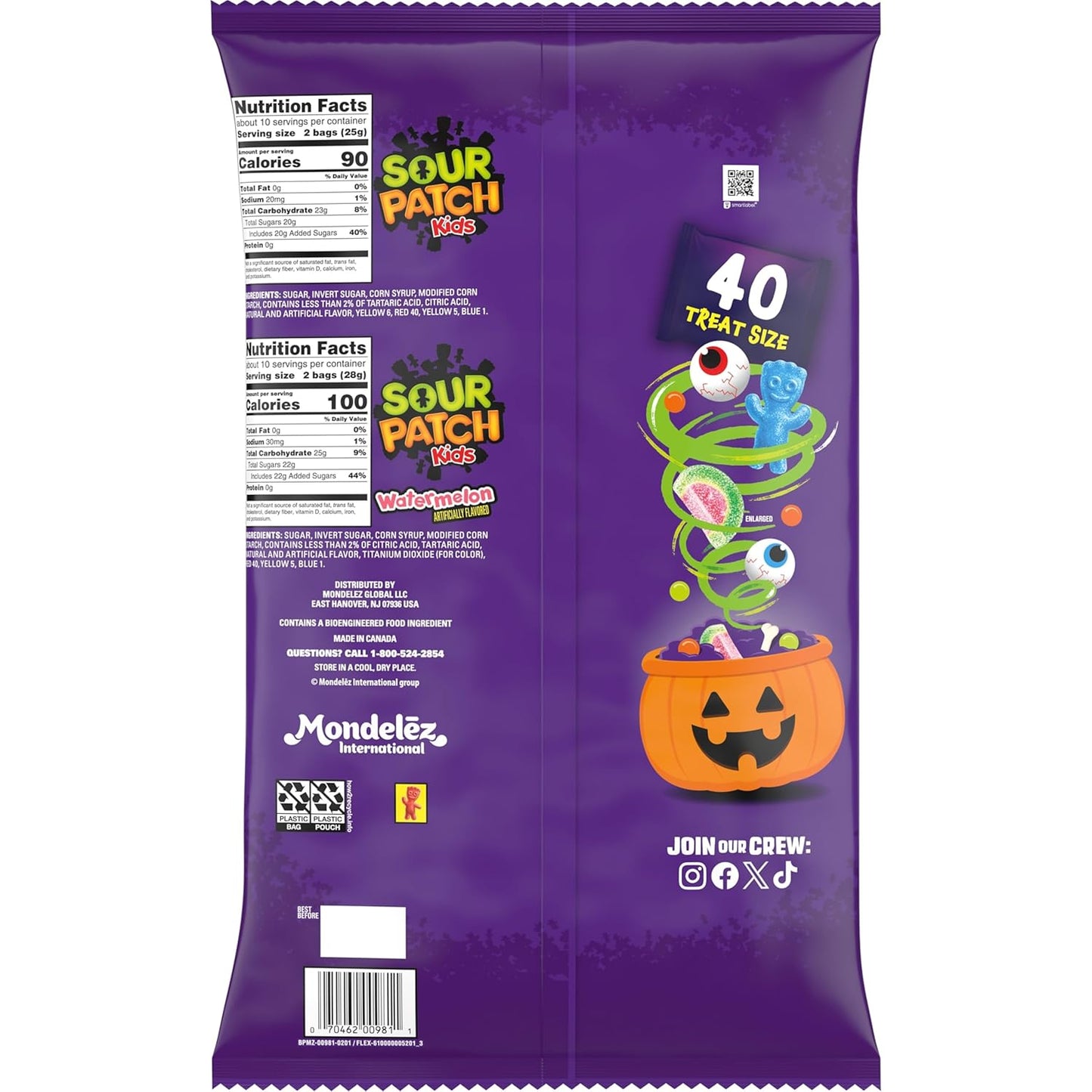 SOUR PATCH KIDS Original & Watermelon Bulk Candy - Kid-Friendly Individually Wrapped Halloween Treat Bags for School Parties