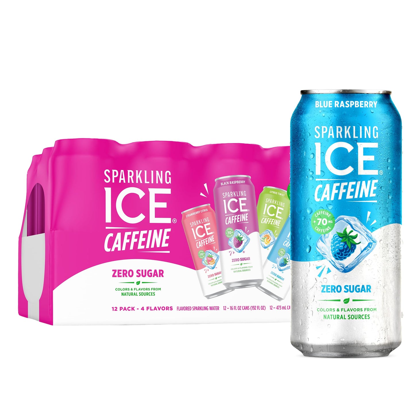 Sparkling Ice Caffeine Black Raspberry Sparkling Water for Clean Caffeine Routines, Antioxidant Sparkling Water with 70mg Caffeine