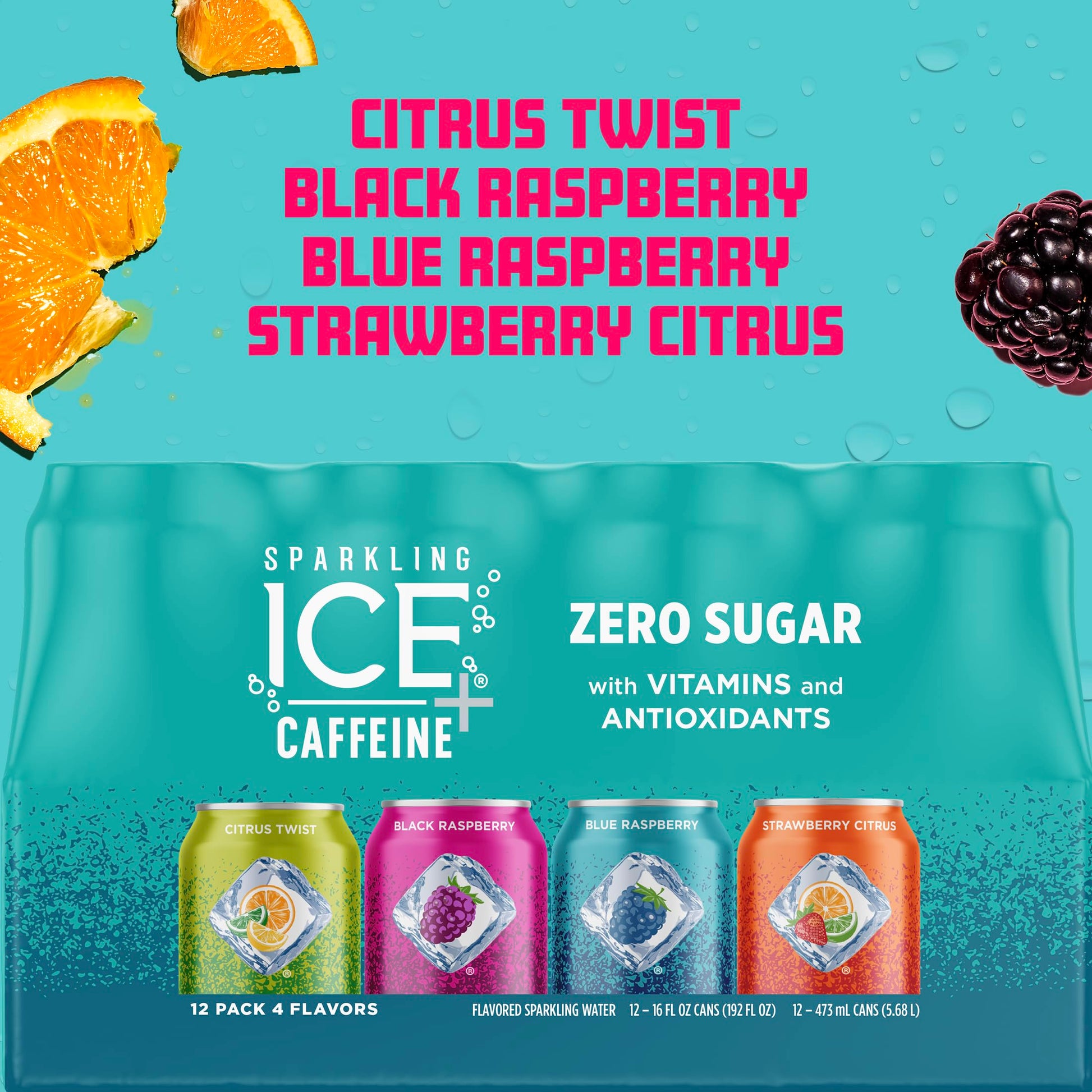 Sparkling Ice Caffeine Black Raspberry Sparkling Water for Clean Caffeine Routines, Antioxidant Sparkling Water with 70mg Caffeine