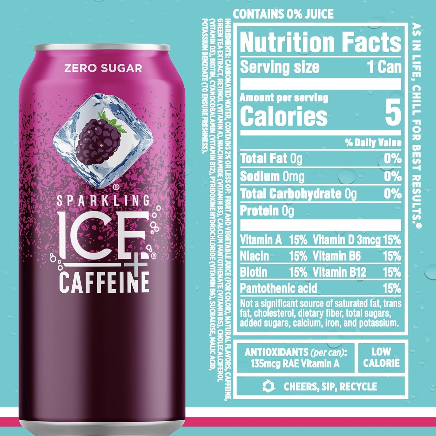 Sparkling Ice Caffeine Black Raspberry Sparkling Water for Wellness Focused Drinkers, Zero Sugar Daily Vitamin Boost in 16 oz Cans