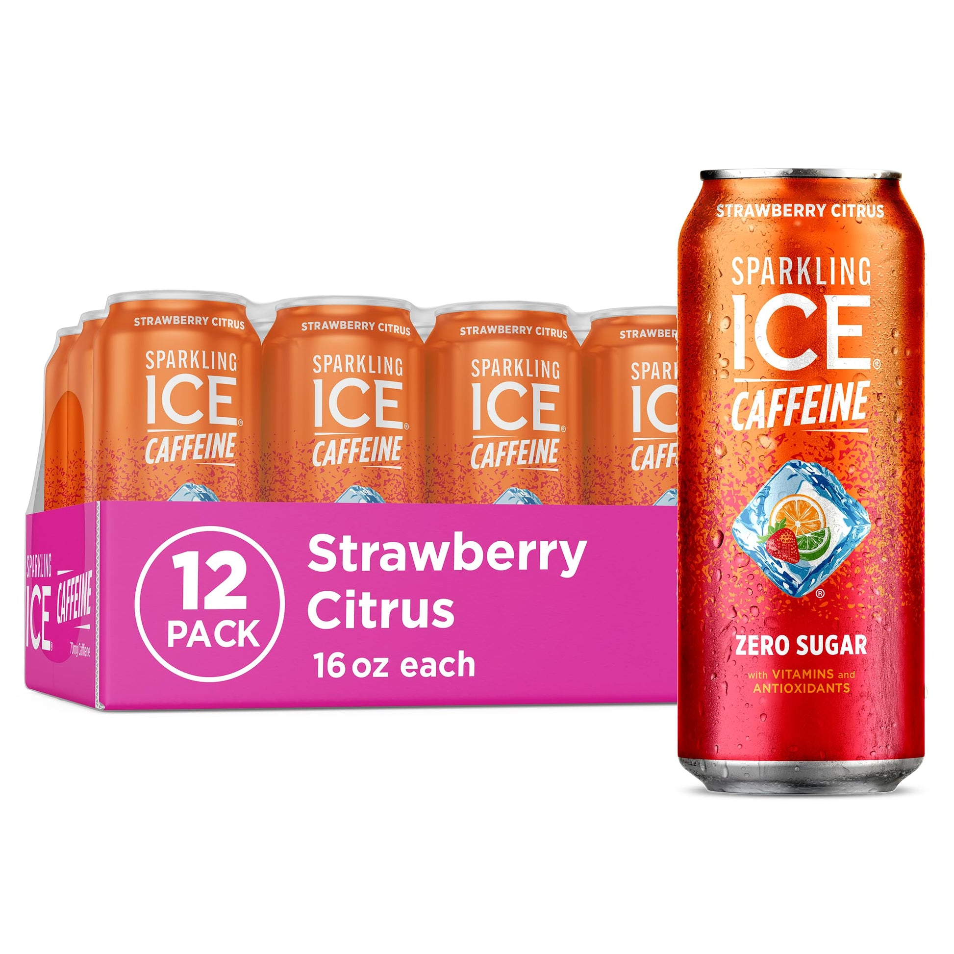 Sparkling Ice Caffeine Black Raspberry Sparkling Water for Wellness Focused Drinkers, Zero Sugar Daily Vitamin Boost in 16 oz Cans