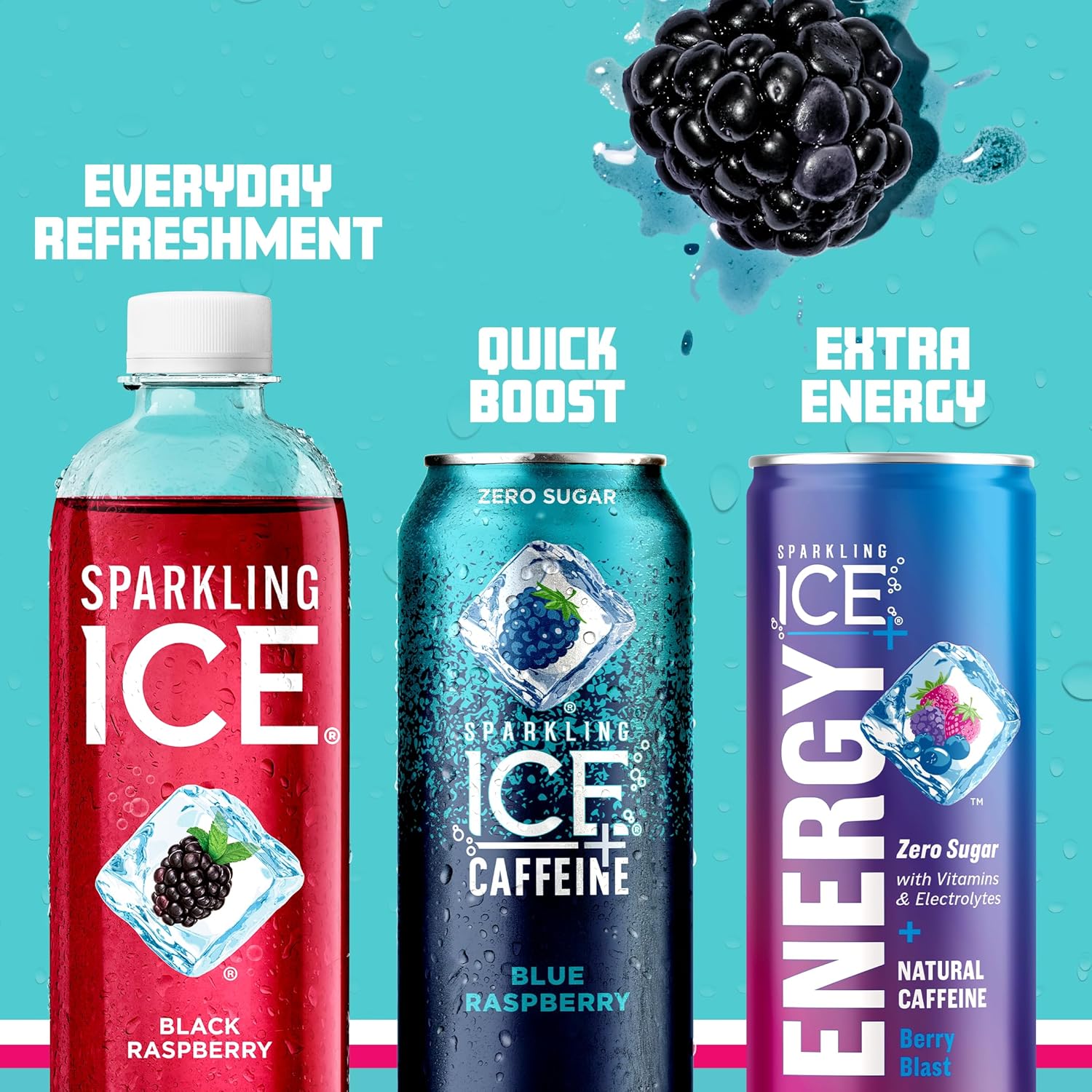 Sparkling Ice Caffeine Black Raspberry Sparkling Water for Wellness Focused Drinkers, Zero Sugar Daily Vitamin Boost in 16 oz Cans