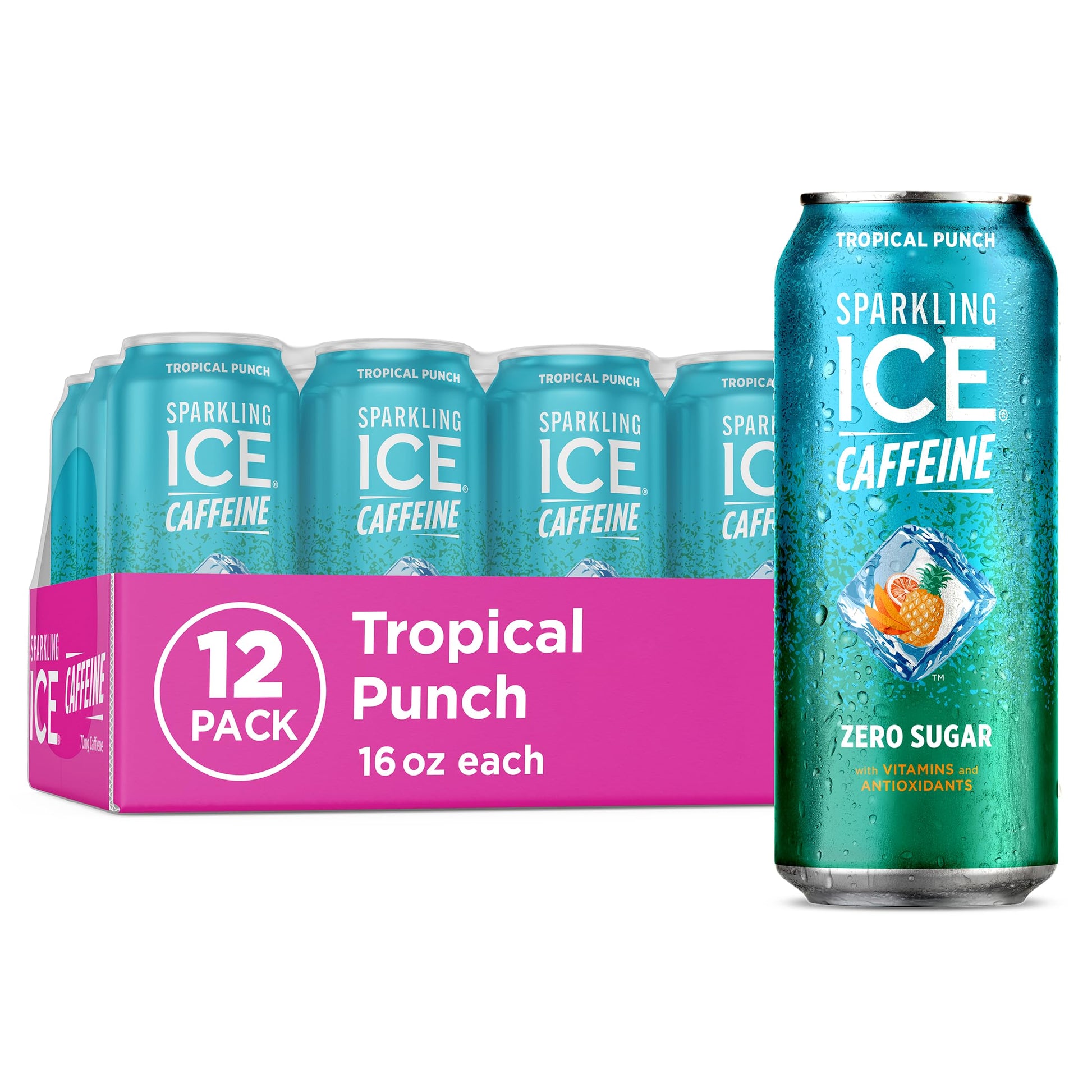 Sparkling Ice Caffeine Black Raspberry Sparkling Water for Wellness Focused Drinkers, Zero Sugar Daily Vitamin Boost in 16 oz Cans