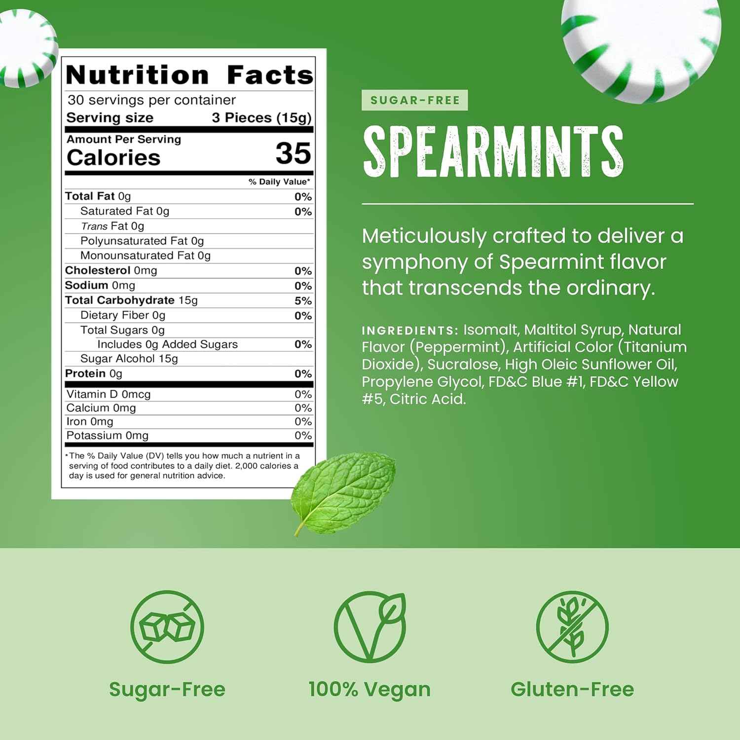 Cambie Spearmint Sugar Free Mints – Calorie-Conscious Self-Care Candy for Home Relaxation, Resealable Pouch