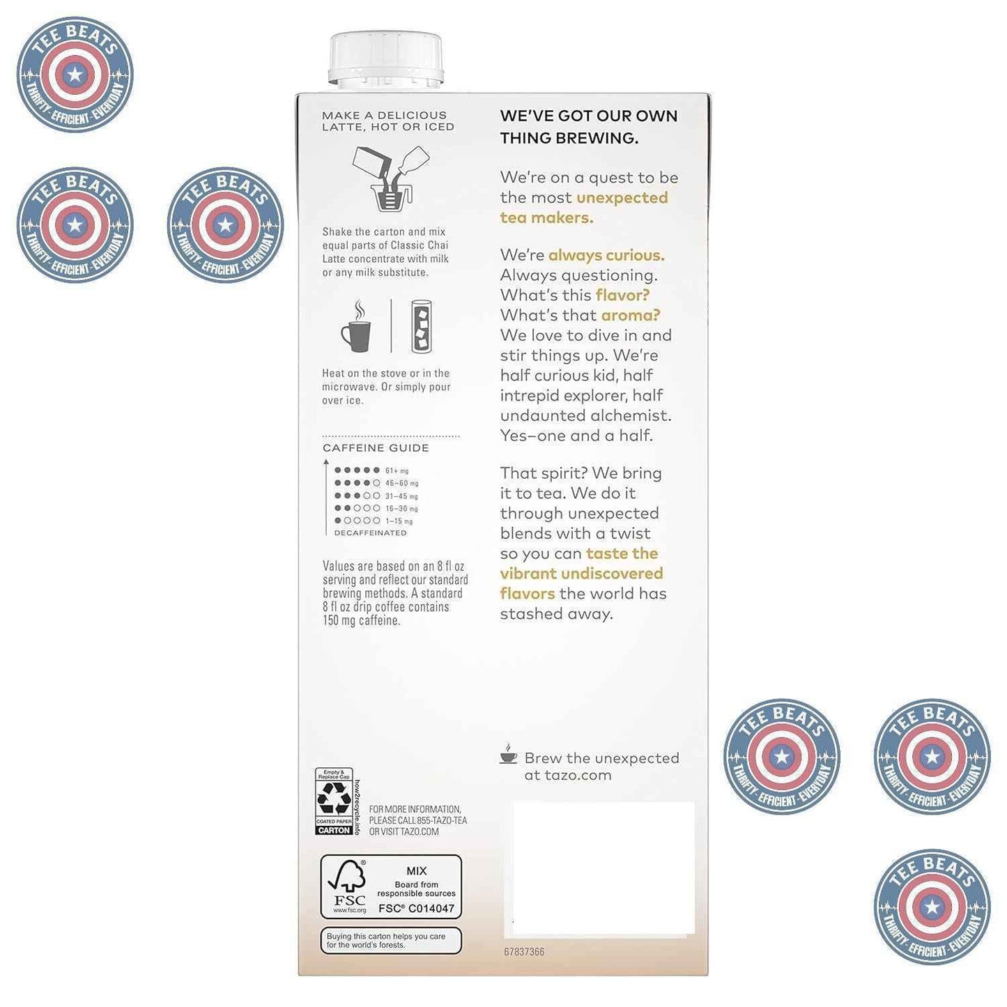 TAZO Classic Chai Black Tea Concentrate – Calming Caffeine Alternative for Self Care Morning Routine, 32 oz Carton