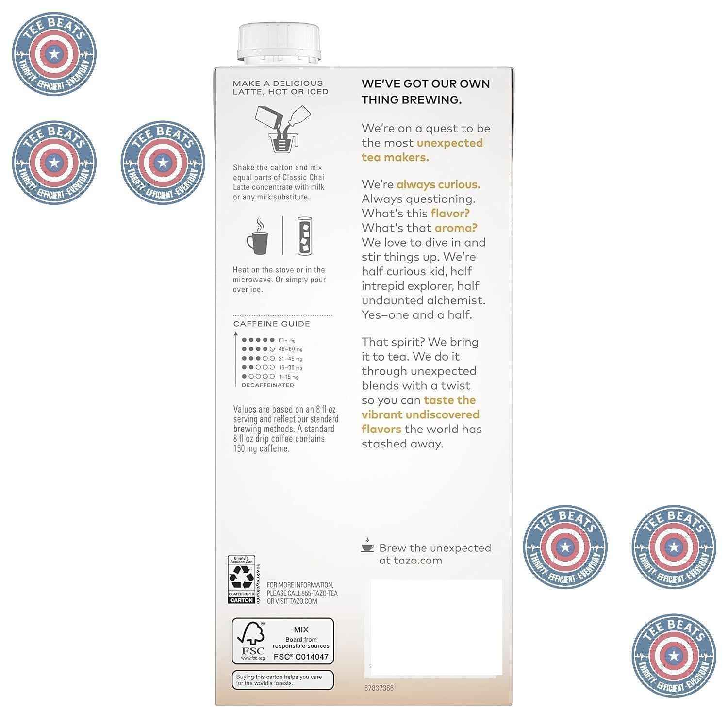 TAZO Classic Chai Black Tea Concentrate – Calming Caffeine Alternative for Self Care Morning Routine, 32 oz Carton