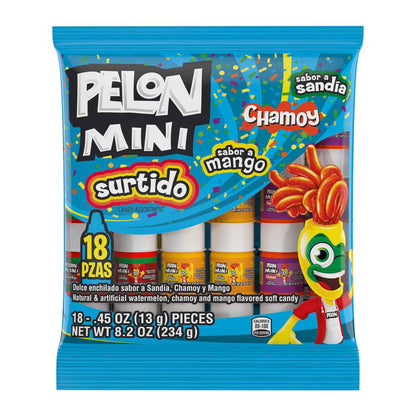 Pelon Pelo Rico Mini Squeeze Candy – Portable Mexican Snack for Picnics and Camping, Assorted Watermelon Mango Chamoy 18-Pack