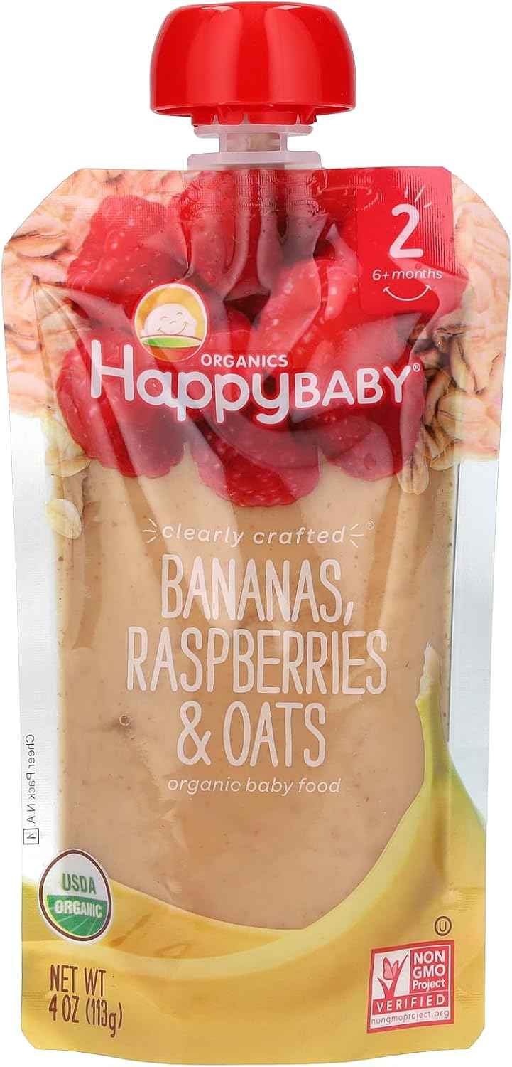Happy Baby Organics Stage 2 Baby Food Pouch – Safe, Non-Toxic Snack for Highchair Feeding and Diaper Bag Lunches, Bananas, Raspberries & Oats 4 oz