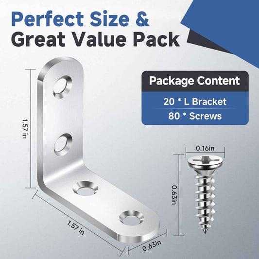 SleekFix L Bracket Set 20 Pack - Rounded Edge Stainless Steel Braces for Child-Safe Furniture Repairs and Pet-Friendly Homes