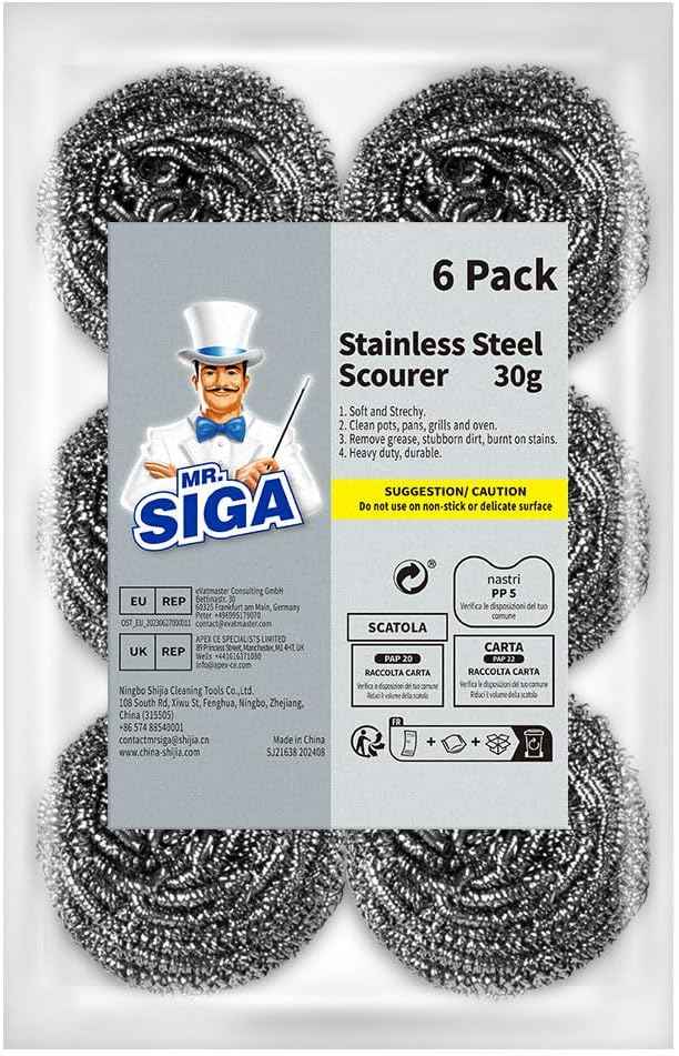 MR.SIGA Stainless Steel Scourer – Heavy-Duty Grill Cleaner for Backyard BBQ and Patio Cookouts, Pack of 6