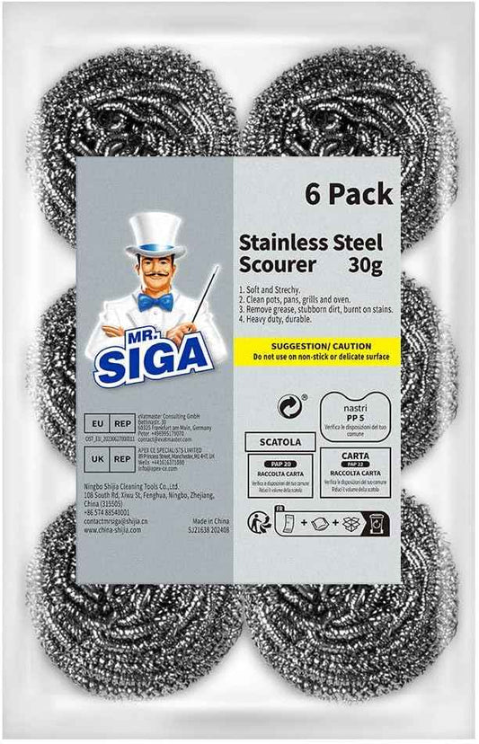 MR.SIGA Stainless Steel Scourer – Heavy-Duty Grill Cleaner for Backyard BBQ and Patio Cookouts, Pack of 6