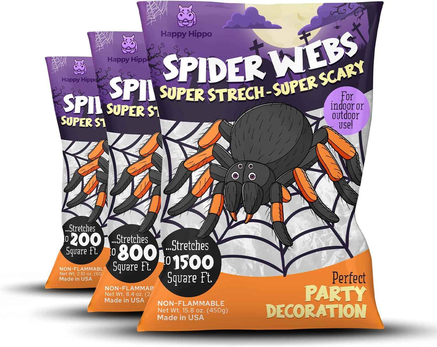 Happy Hippo Spider Web Halloween Decoration – Nursery-Safe Family Decor, Soft Webbing with Plastic Spiders for Kids' Rooms