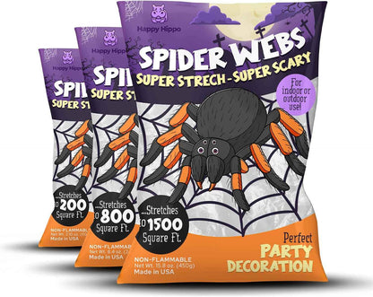 Happy Hippo Spider Web Halloween Decoration – Nursery-Safe Family Decor, Soft Webbing with Plastic Spiders for Kids' Rooms