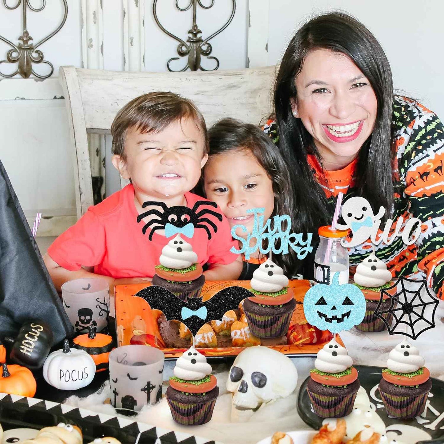 Two Spooky 2nd Birthday Cupcake Toppers Gift Set for Boy, 36Pcs Blue Black Halloween Dessert Decor Surprise Gift for Mom Hostess Halloween Party Setup