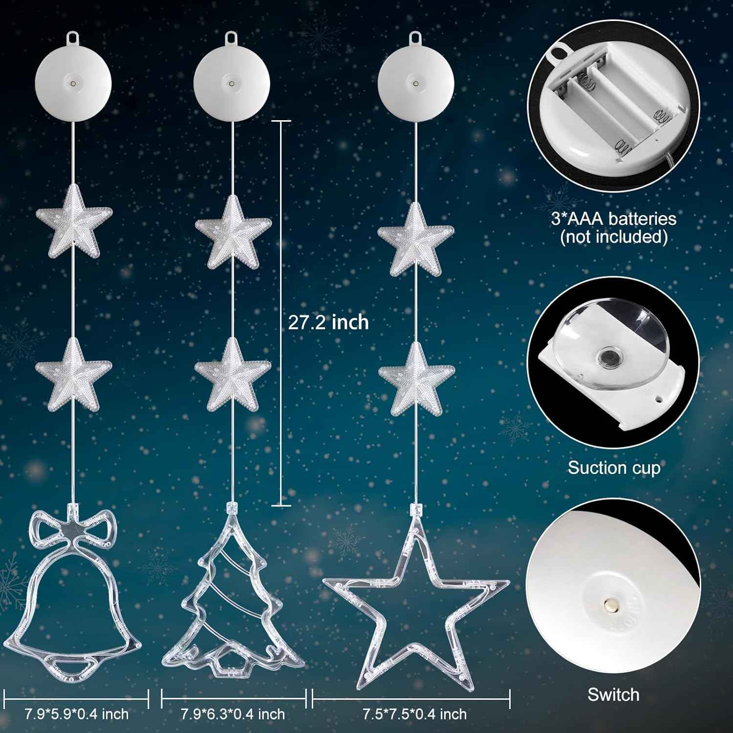 Lumalights Battery Powered Christmas Window Decor – 3-Piece Tree, Bell & Star LED Set for Bedroom Aesthetic