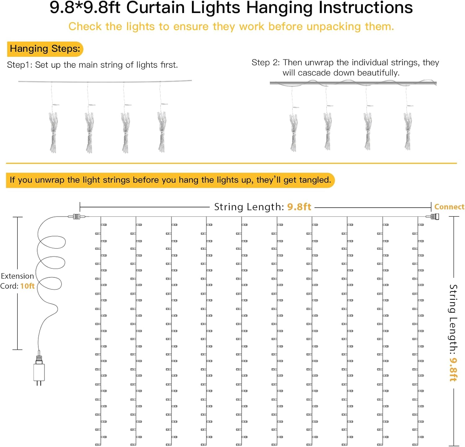 suddus Curtain Lights 9.8x9.8ft 300 LED Warm White – Thoughtful Birthday Gift for Her with Remote and 8 Lighting Modes
