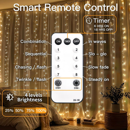 suddus Curtain Lights 9.8x9.8ft 300 LED Warm White – Thoughtful Birthday Gift for Her with Remote and 8 Lighting Modes