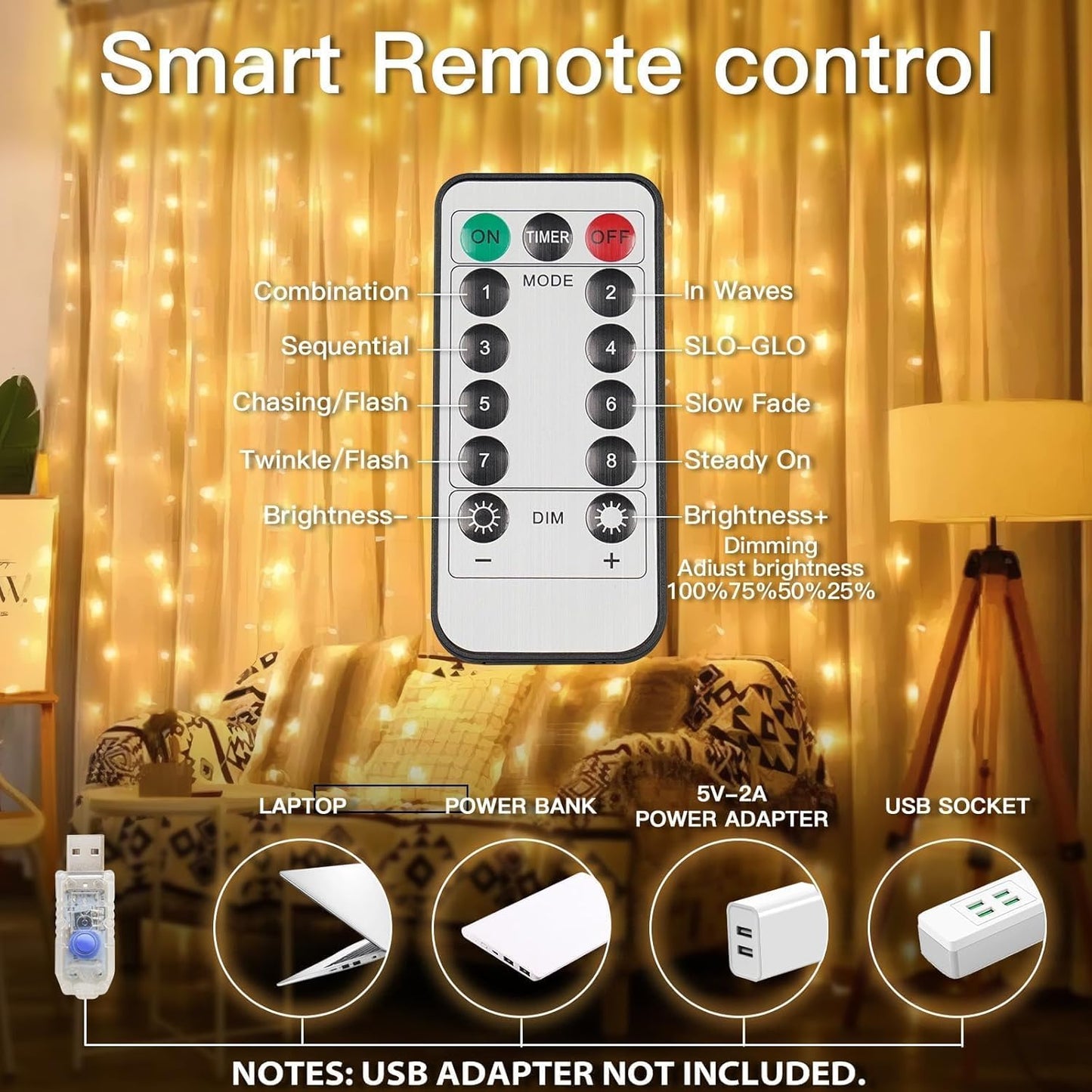 suddus Outdoor Curtain Lights for Patio and Garden – IP44 Waterproof 200 LED String with USB Power Bank Compatibility