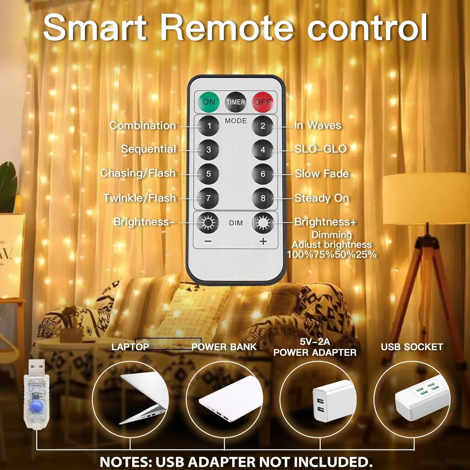 suddus Outdoor Curtain Lights for Patio and Garden – IP44 Waterproof 200 LED String with USB Power Bank Compatibility