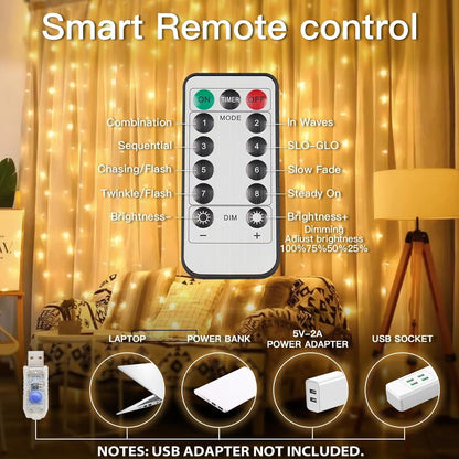 suddus Outdoor Curtain Lights for Patio and Garden – IP44 Waterproof 200 LED String with USB Power Bank Compatibility