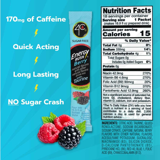 4C Energy Rush Stix Berry – Home Office Focus Companion with Taurine, Grab and Go Powder Packets for Workdays