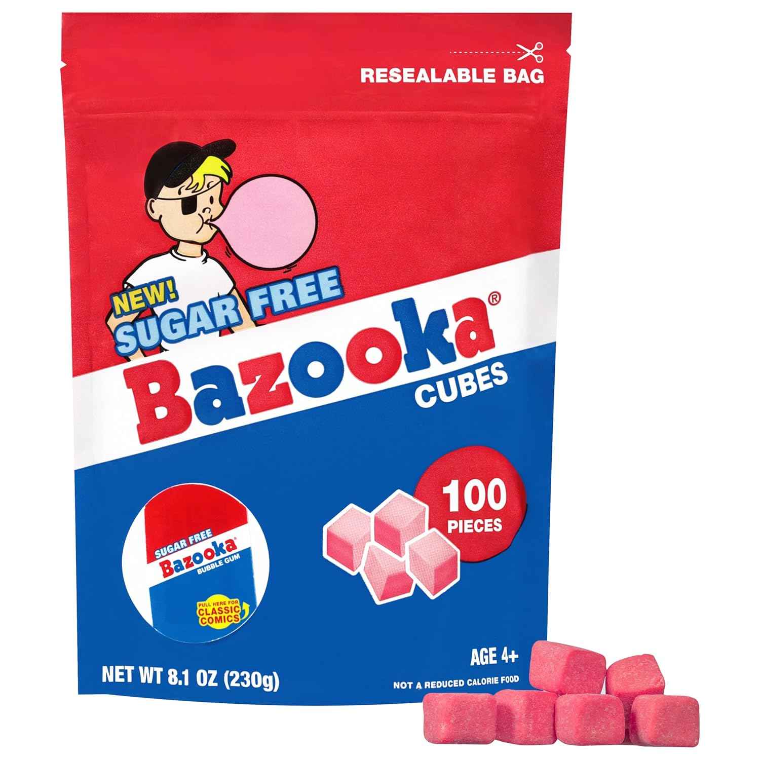 Bazooka Bubble Gum Sugar-Free Chewing Gum – Safe Little League Dugout Snack for Baseball Team Parents, 100-Ct Resealable Pouch