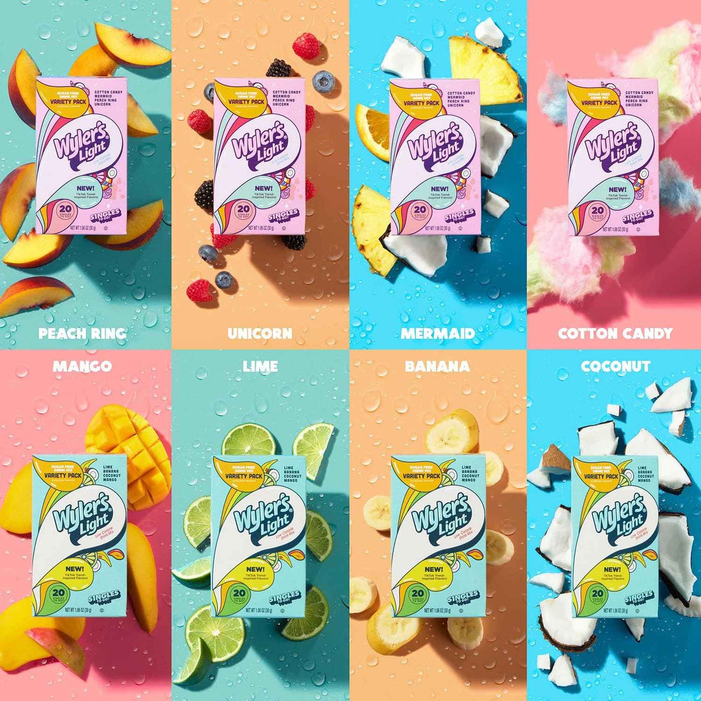 Wyler's Light Singles to Go Powder Drink Mix – Safe Sugar-Free Flavor Packets for Picky Kids and Teens, Cotton Candy Unicorn Mermaid Peach Ring