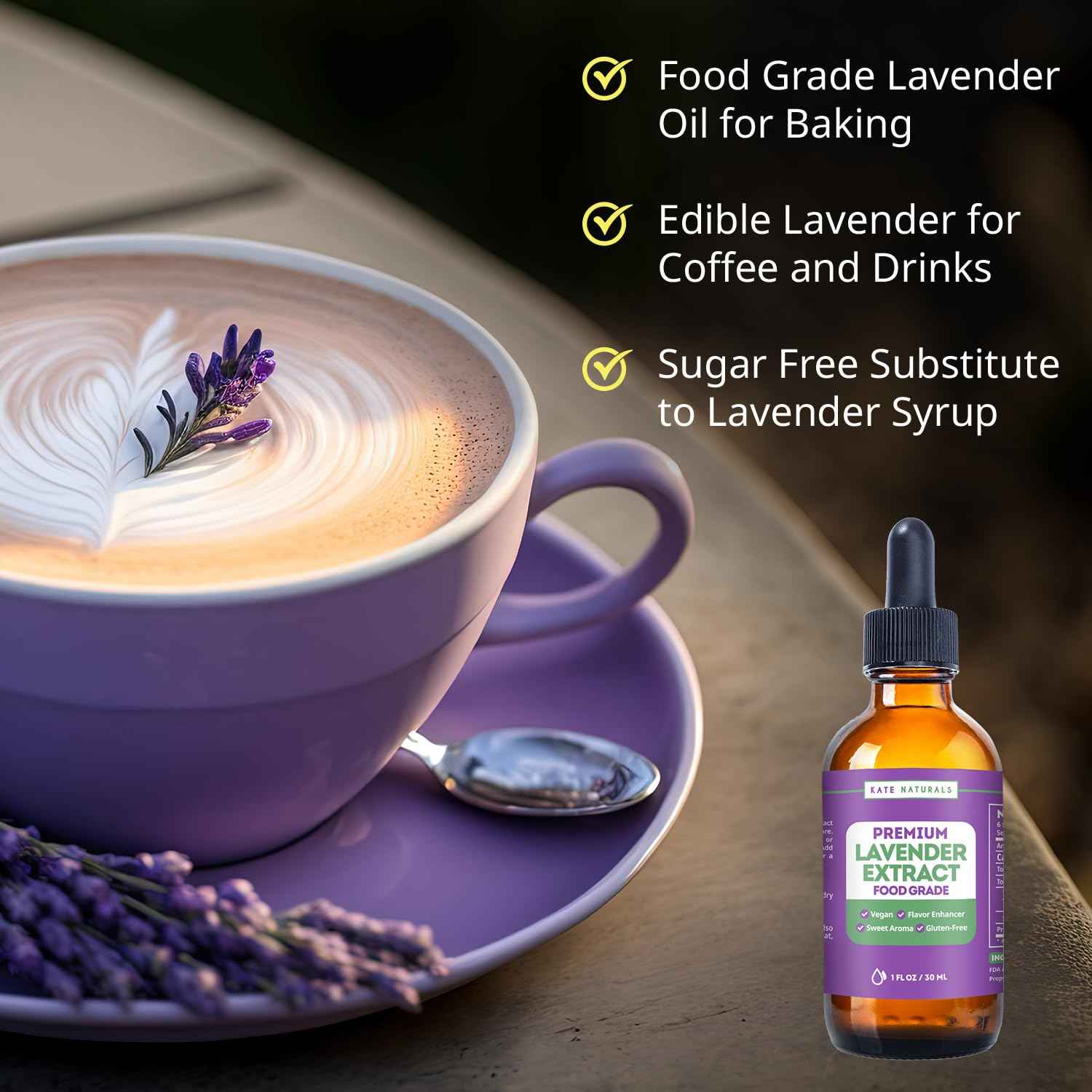 Kate Naturals Lavender Extract for Tea and Mineral Water – Calming Food Grade Flavoring for Wind Down Rituals and Stress Free Evenings