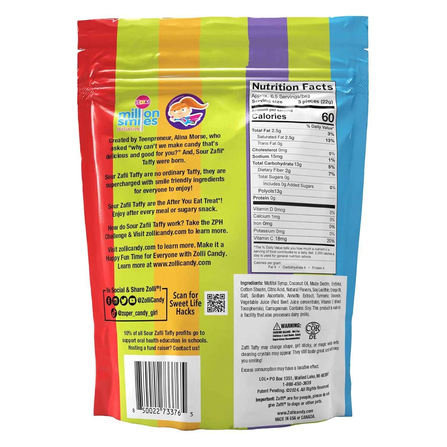 Zollipops Zaffi Taffy Sour 5 oz Bag – Parent-Approved Sugar-Free Chewy Candy for School Lunches and Road Trips