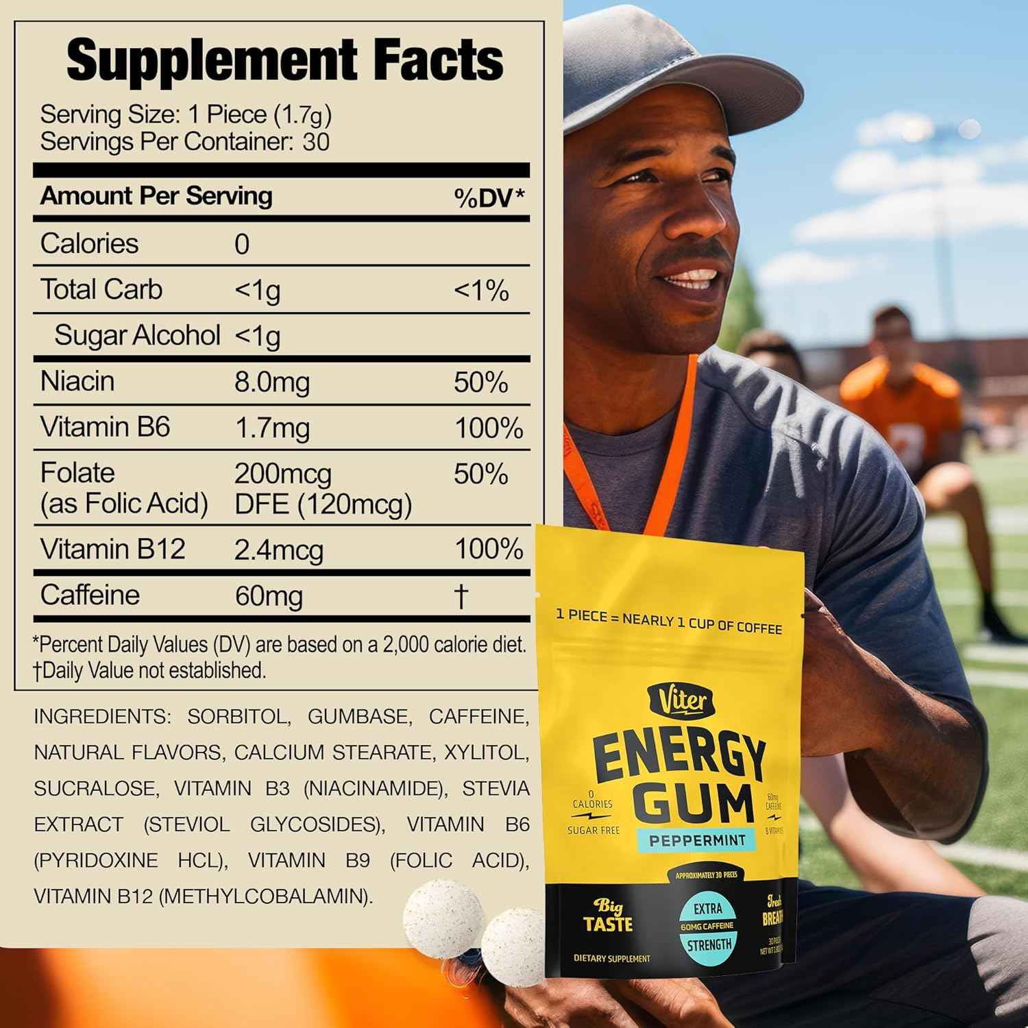 Viter Energy Caffeine Peppermint Chews – Steady Pre-Workout Focus for Meetings and Home Office, Zero Calorie