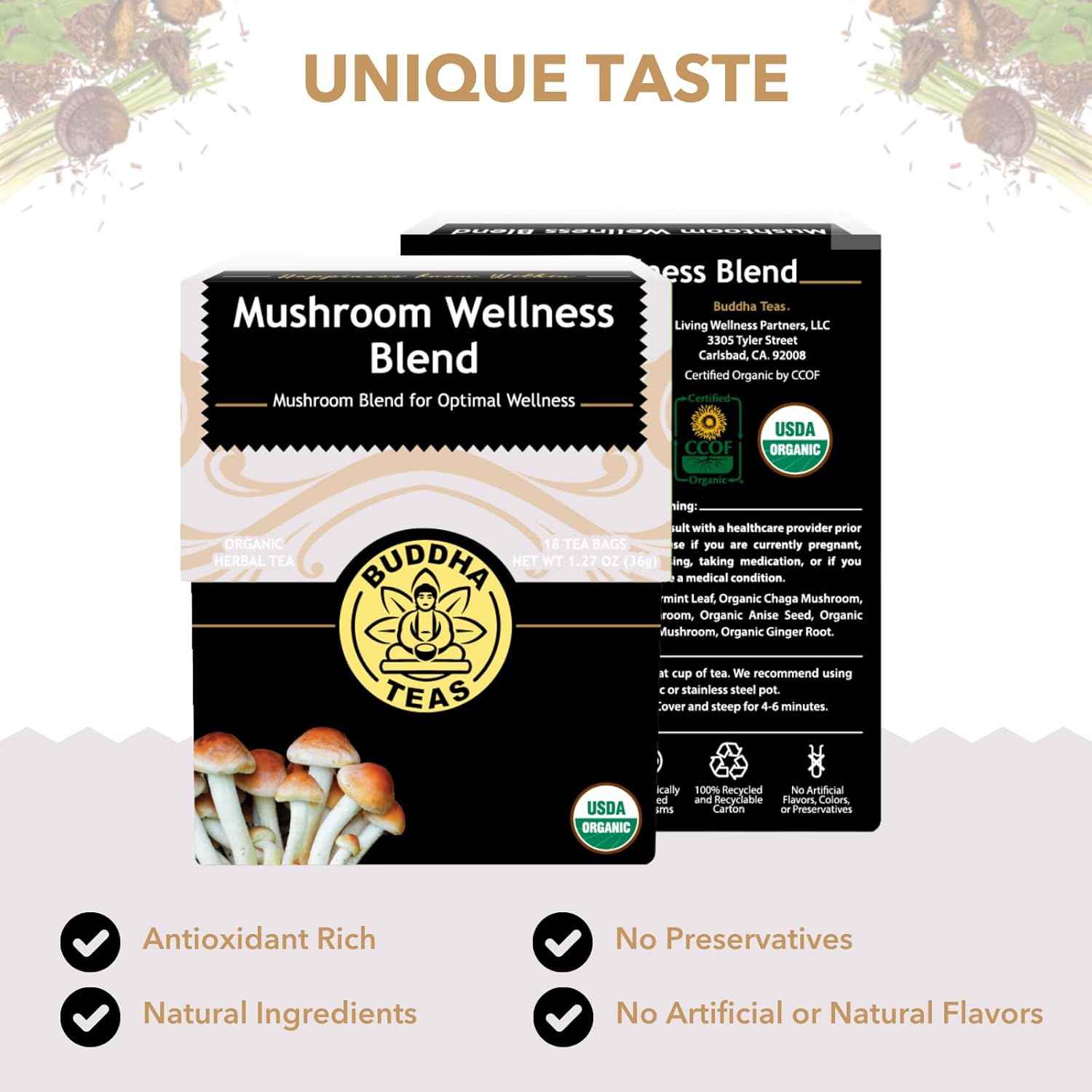 Buddha Teas Mushroom Wellness Herbal Tea – Bedtime Calming Brew for Sleep and Relaxation Routines, Caffeine Free Adaptogen Blend, 18 Tea Bags