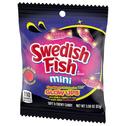 SWEDISH FISH Mini Glow Ups Gummy Candy – Kids Birthday Party Favor and Sleepover Snack, Bulk 12-Pack of 3.08 oz Glow-in-the-Dark Treat Bags