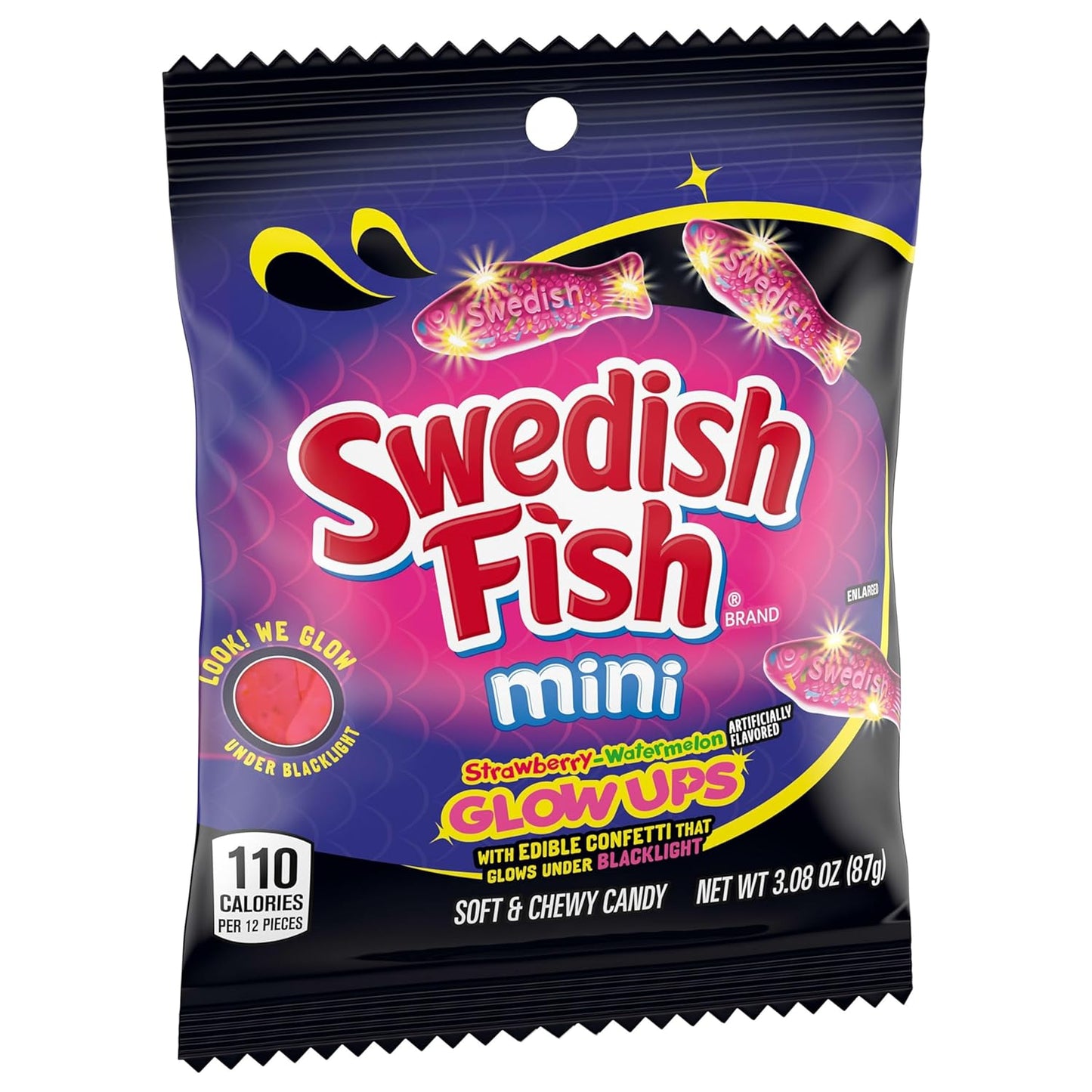 SWEDISH FISH Mini Glow Ups Gummy Candy – Kids Birthday Party Favor and Sleepover Snack, Bulk 12-Pack of 3.08 oz Glow-in-the-Dark Treat Bags
