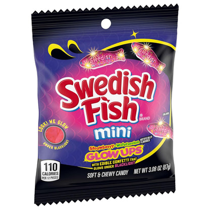 SWEDISH FISH Mini Glow Ups Gummy Candy – Kids Birthday Party Favor and Sleepover Snack, Bulk 12-Pack of 3.08 oz Glow-in-the-Dark Treat Bags