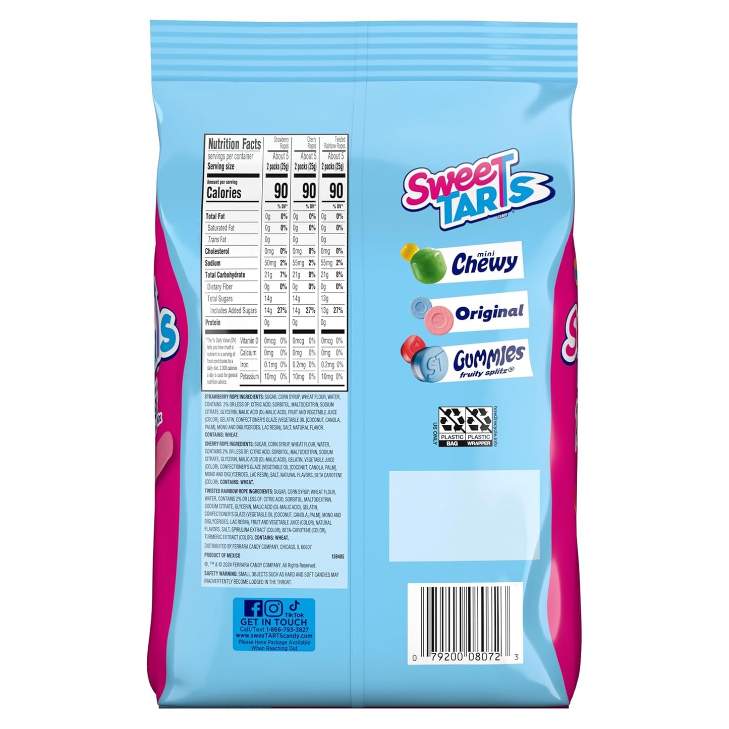 SweeTARTS Ropes Soft Chewy Candy 15 oz – After-School Treat for Kids with Tangy Cherry, Rainbow, and Strawberry Flavors