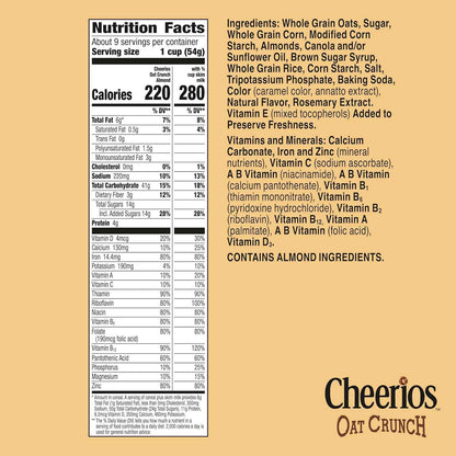Cheerios Oat Crunch Almond Breakfast Cereal – Lunchbox Prep Pantry Cereal for Kids and Parents, 24 oz