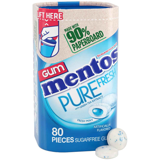 Mentos Pure Fresh Xylitol Chewing Gum for Mid-Afternoon Focus Reset at the Office Desk, Fresh Mint 80ct Paperboard Bottle