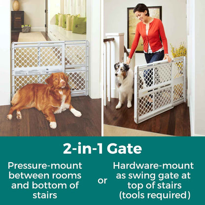 MYPET Universal Pet Gate – Top of Stairs Safety Barrier for Puppies and Small Dogs, Pressure or Hardware Mount, 26" Tall Gray