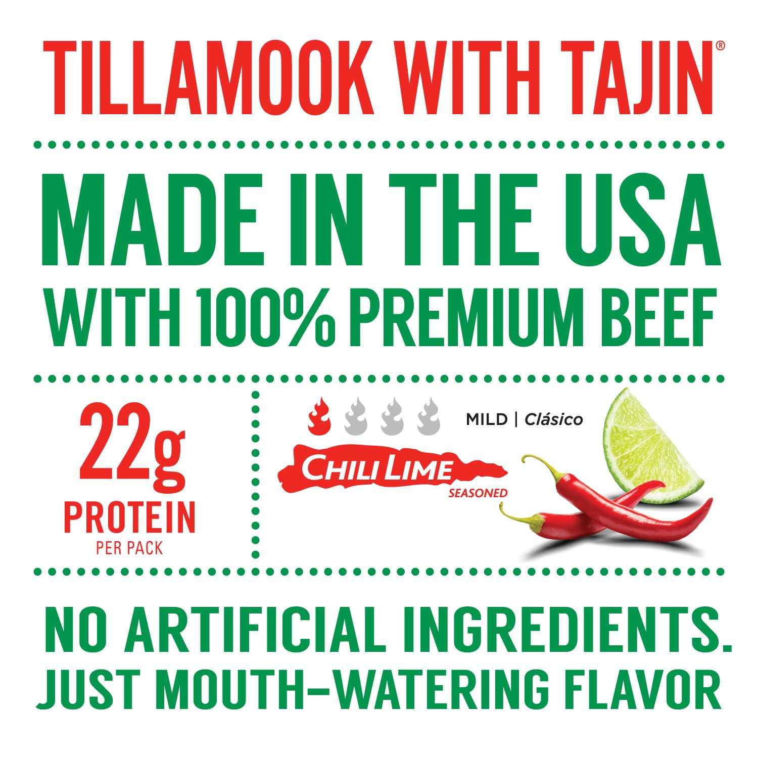 Tillamook Beef Jerky Tajin Chili Lime – Desk Friendly Low Carb Snack to Power Through Workdays, 2.2 oz Pouch
