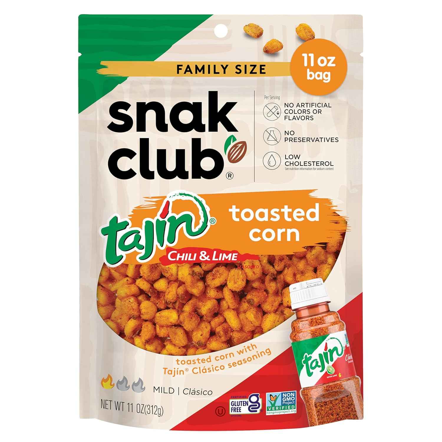 Snak Club Tajin Toasted Corn – Kid-Friendly Lunch Box Snack with Mild Tajin Chili-Lime, Non-GMO Corn Nuggets 11 oz