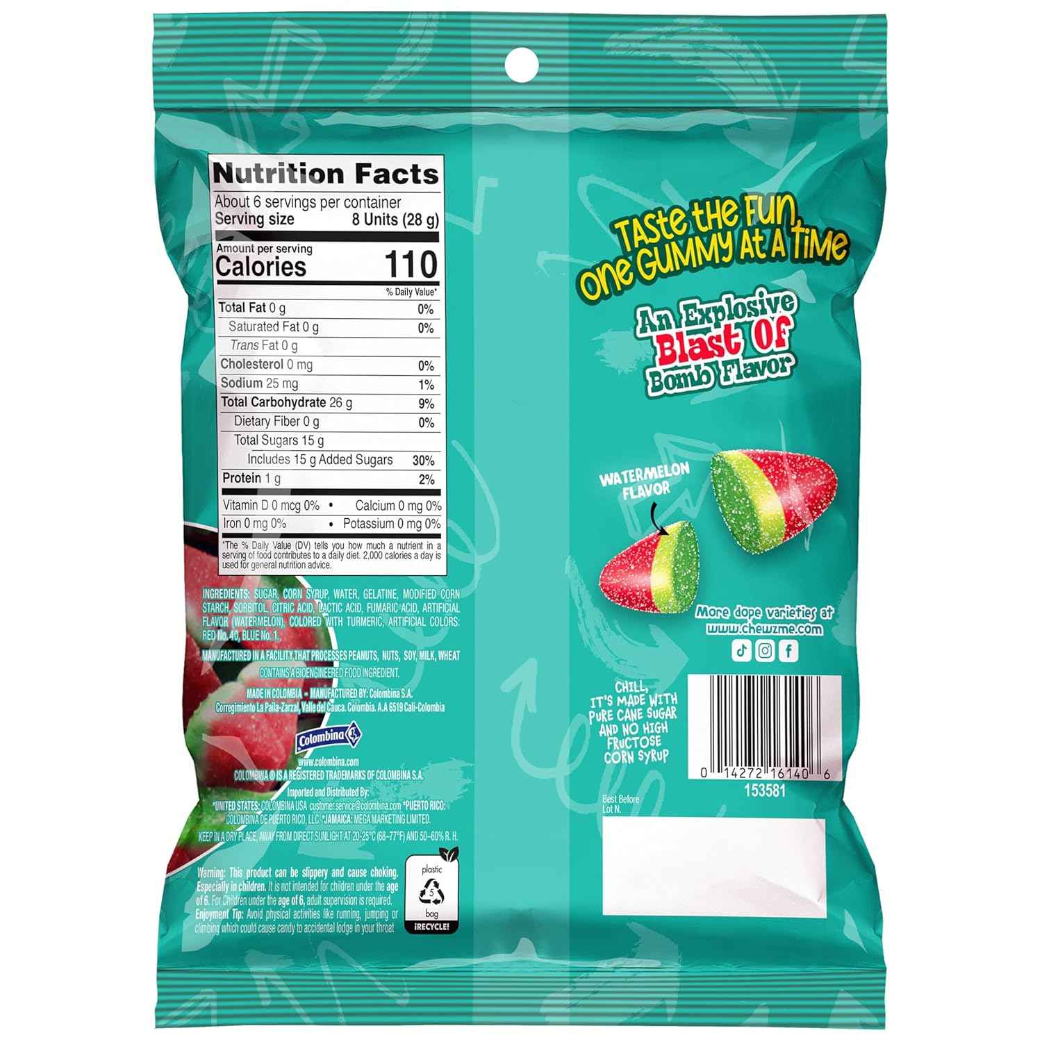 ChewzMe Sour Watermelon Gummy Candy Stocking Stuffer and Birthday Party Treat, Gluten-Free Cane Sugar Snack, 6 oz Bag