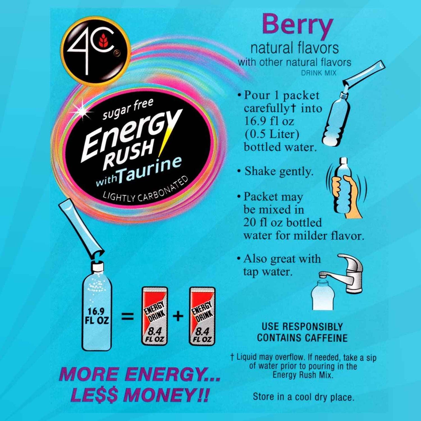 4C Energy Rush Stix Berry – Home Office Focus Companion with Taurine, Grab and Go Powder Packets for Workdays