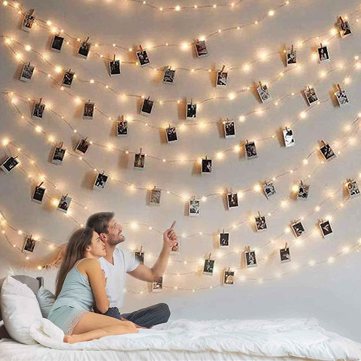 GloDream Safe Photo Clip String Lights for Kids Room - Cool-to-Touch Battery Operated 33Ft LED String with 50 Clips and Auto Shutoff Timer