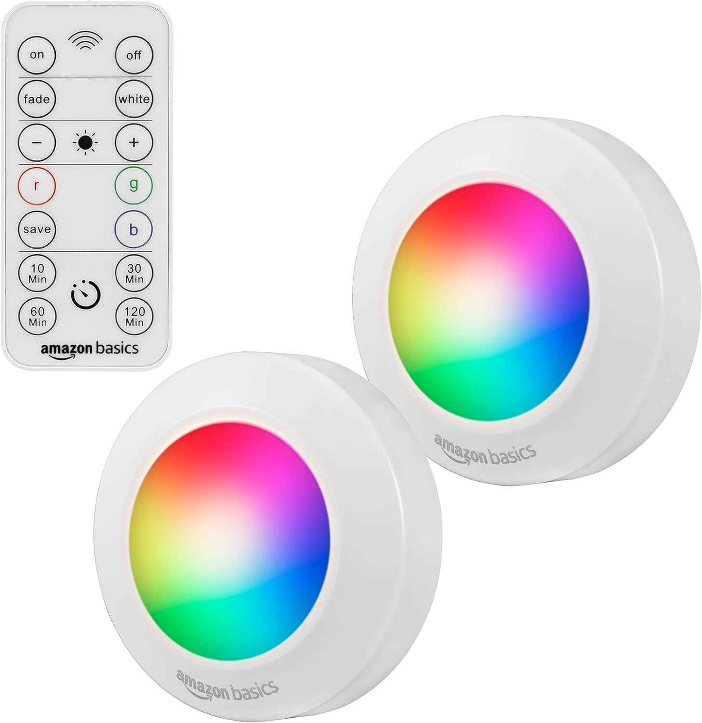 Amazon Basics LED Puck Lights, Battery Operated, 2 Pack — Clean, Cable-Free Lighting for Minimalist Closets and Pantries