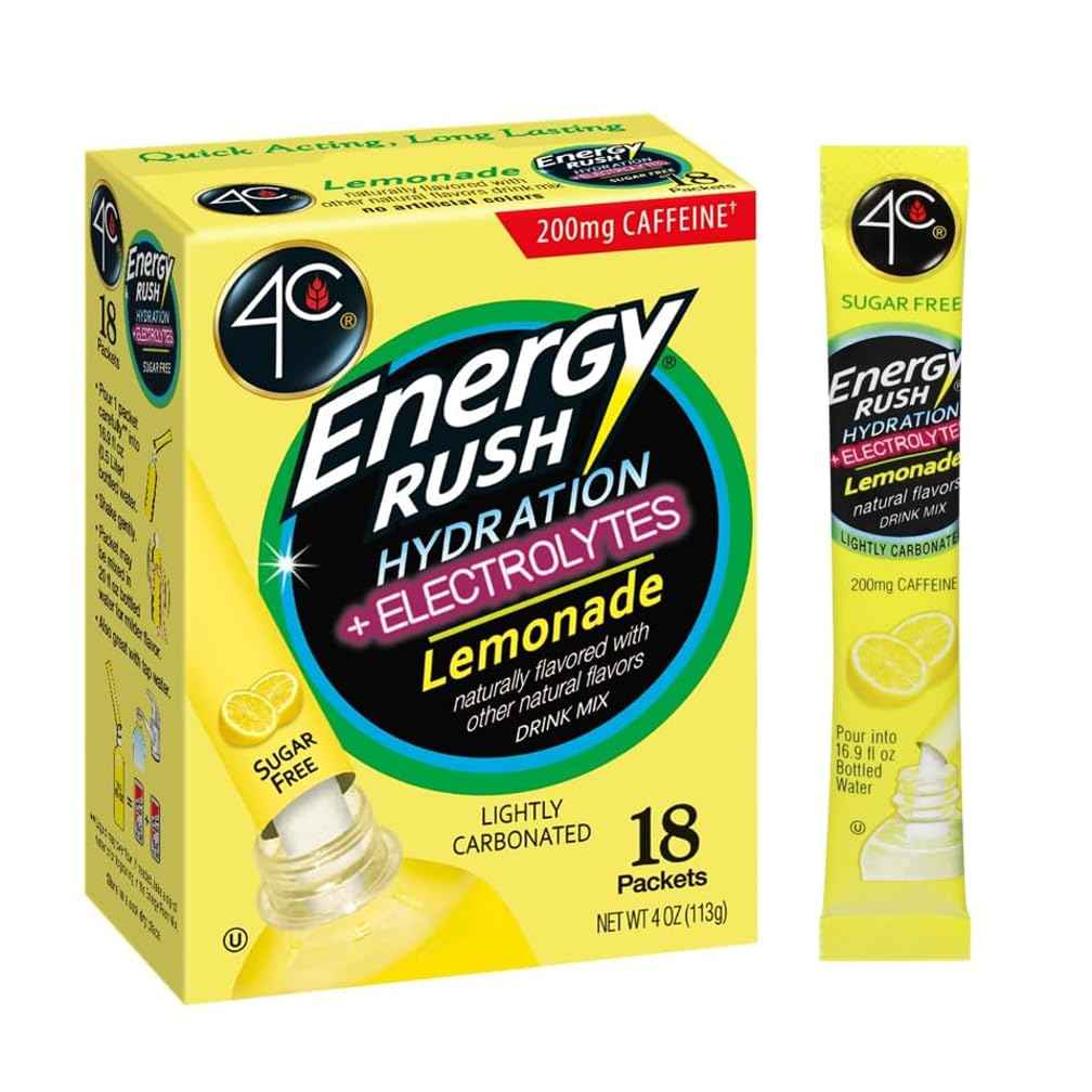4C Energy Rush PSD Lemonade – Wellness Hydration Bundle for Self-Care Routines, 18ct Electrolyte Powder Sticks